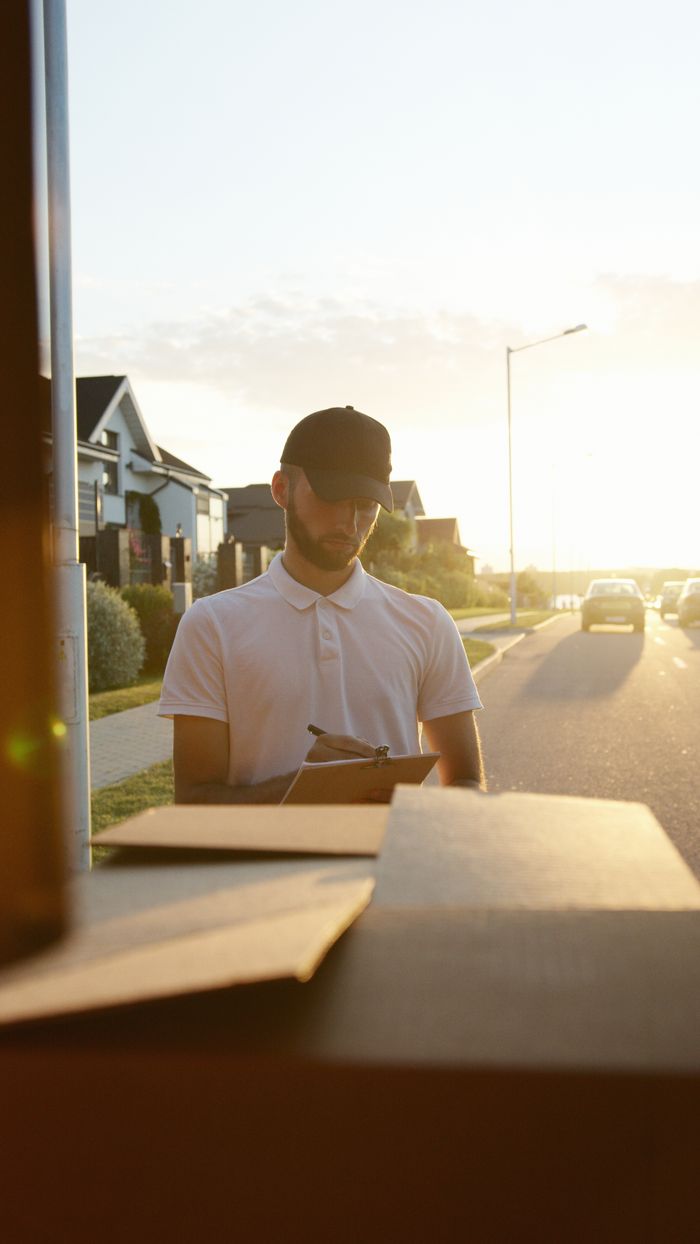 A courier in a cap signing papers for a delivery in a suburban neighborhood during sunset.