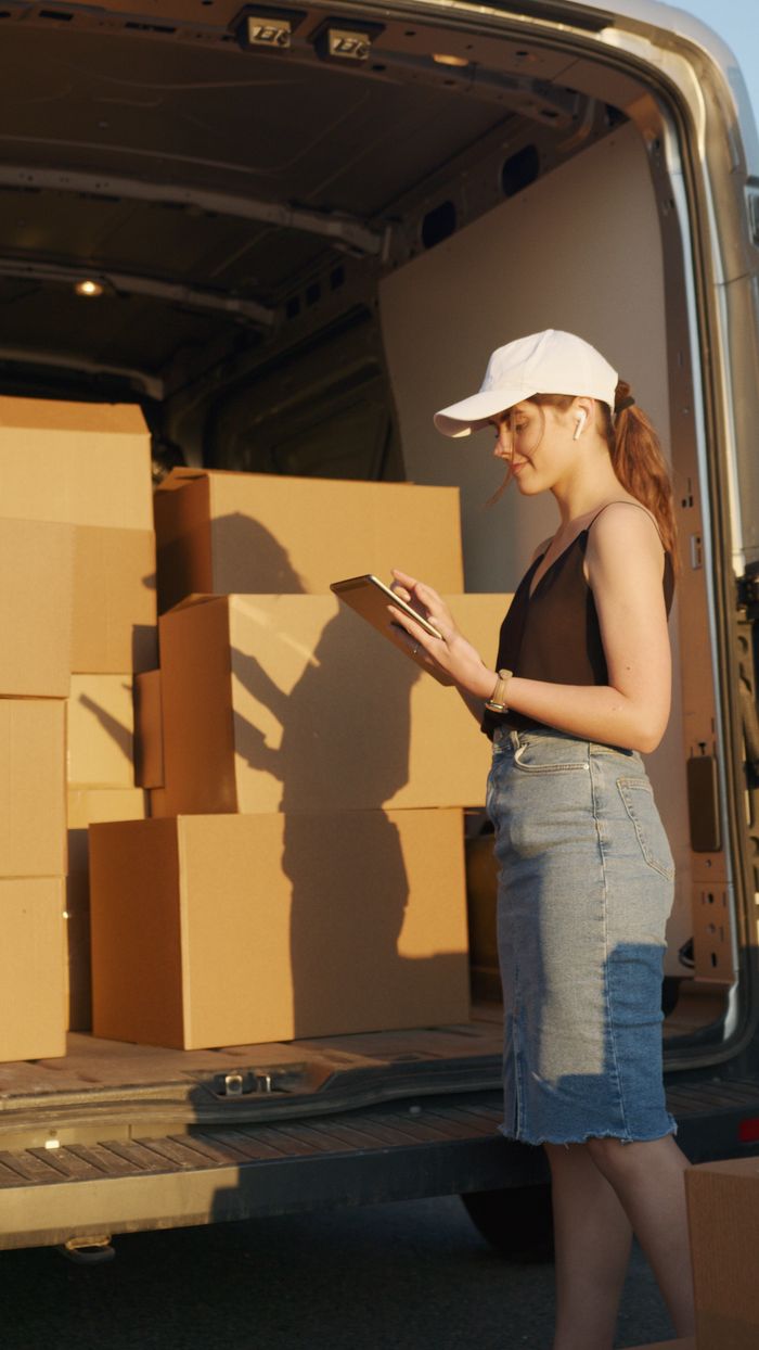 about-02 Young female courier organizing package delivery beside an open delivery van at sunset.